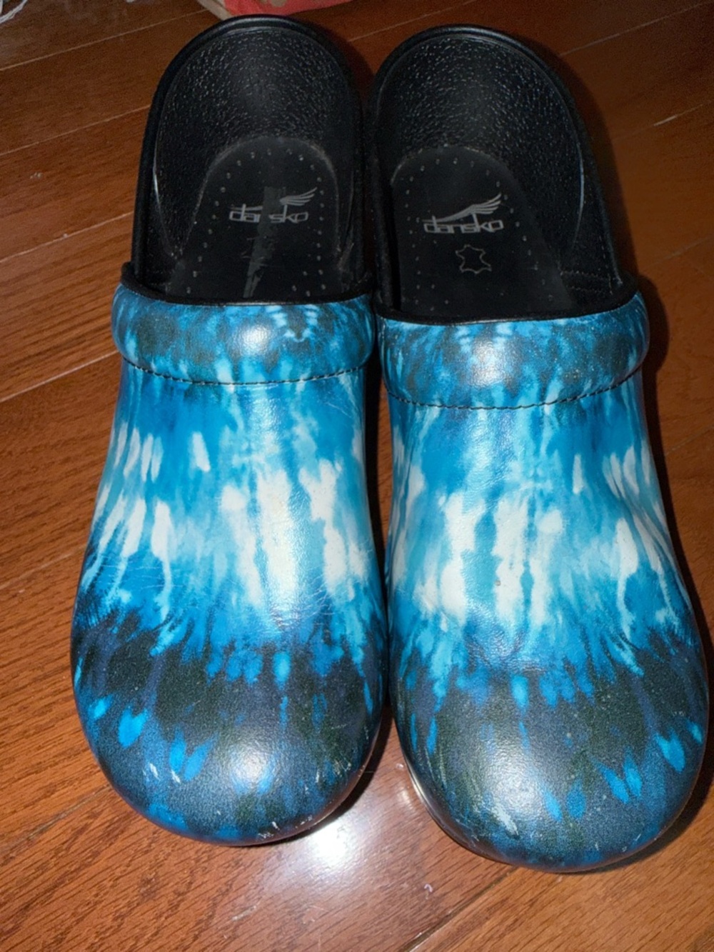 Dansko Blue and White Tie-Dye Leather Clogs